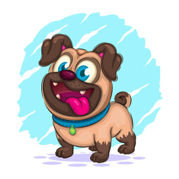Cute cartoon pug, cute clipart, animal.
A colorful illustration of a smiling pug, with his tongue sticking out. Positive and unique design. Children's bright illustration. 