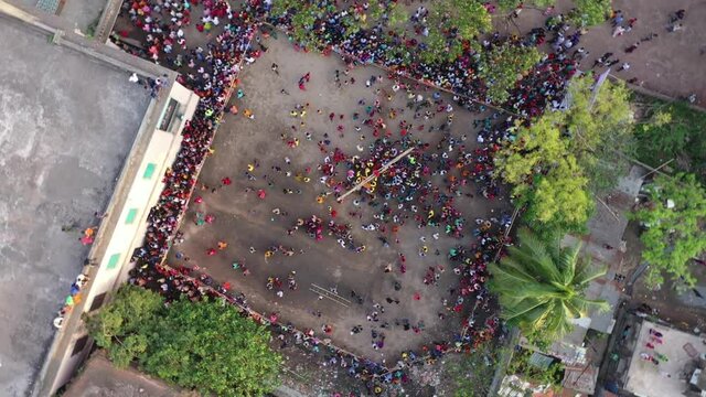 Aerial view of people celebrating Rash Mela, a principal festival and fair for Hindu community in Kamalganj, Sylhet province, Bangladesh.