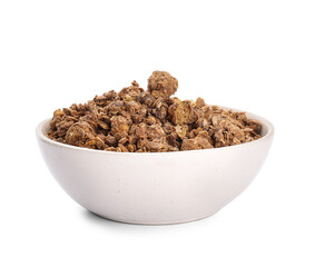 Bowl with tasty granola on white background