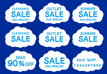 白色の雲に青色の文字のセールのベクター素材セット