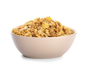 Bowl with tasty granola on white background