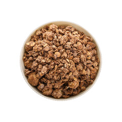 Bowl with tasty granola on white background