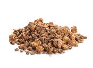 Heap of tasty granola on white background