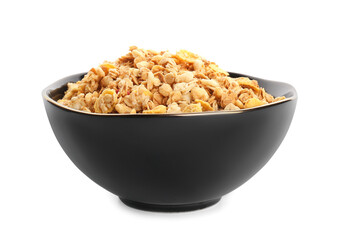 Bowl with tasty granola on white background