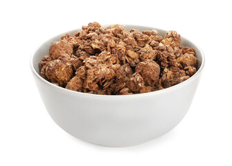 Bowl with tasty granola on white background