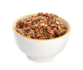 Bowl with tasty granola on white background