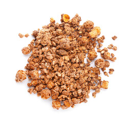 Heap of tasty granola on white background