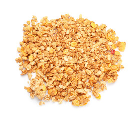 Heap of tasty granola on white background