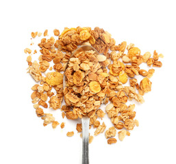 Spoon with tasty granola on white background