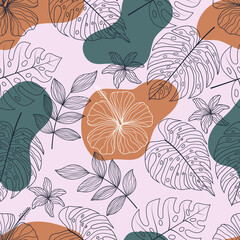 Seamless pattern with abstract botanical floral tropical leaves line art sketch style vector illustration