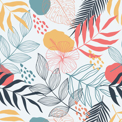 Seamless pattern with abstract botanical floral tropical leaves line art sketch style vector illustration