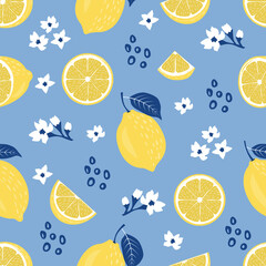 Seamless pattern of limes or lemons nature background with tropical leaves and beautiful flowers vector illustration