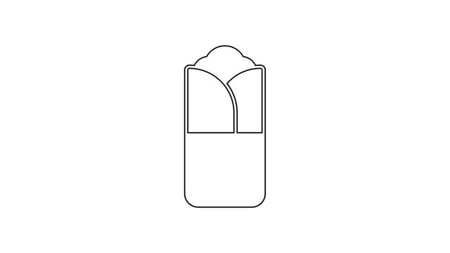 Black line Burrito icon isolated on white background. Traditional mexican fast food. 4K Video motion graphic animation