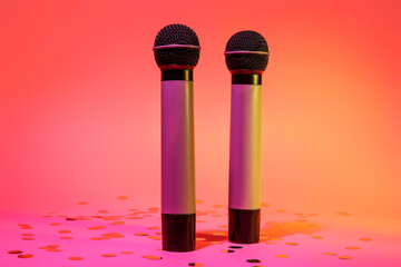 Modern microphones and confetti on color background