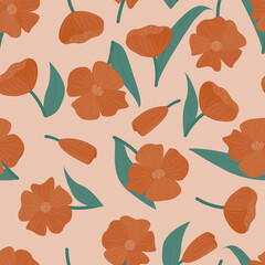 Floral pattern with large flowers and buds on a beige background.