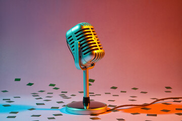 Retro microphone and confetti on color background