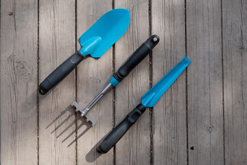 Small blue spatula, garden trowel and rake on the wooden floor. Gardener's tools