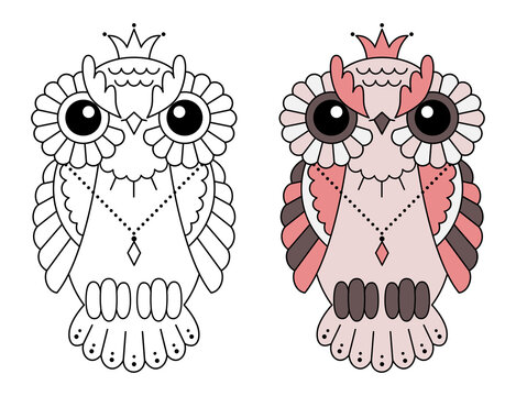 Magic stylized zentangle owl, doodle illustration for coloring. Decorative wild bird. Black outline on white background