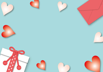 White gift with colourful hearts and red envelope on blue background, Valentine&rsquo;s day, Birthday, Women&rsquo;s day, Mother&rsquo;s day, Father&rsquo;s day, Wedding, poster, love concept, paper cut style.