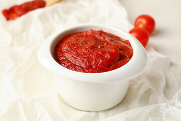 Bowl of tasty sauce on light background, closeup