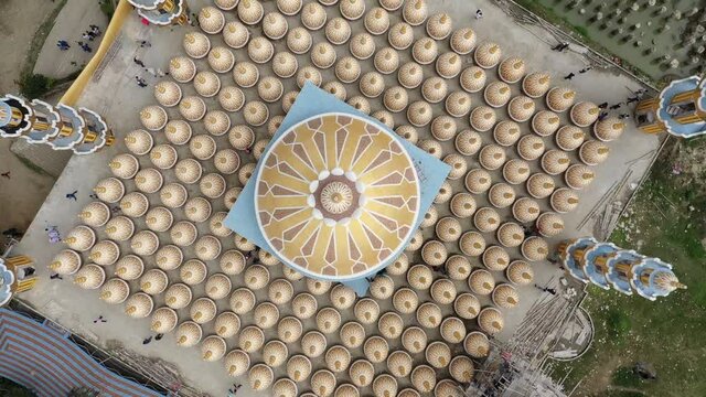 Aerial view of the geometric pattern from Gombuj Masjid islamic mosque along Jhinai river in Gopalpur township, Dhaka state, Bangladesh.