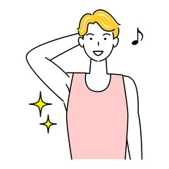 ボディケアの効果でキラキラしている綺麗な脇の下を見せている笑顔の可愛い男性 OK イラスト シンプル ベクター