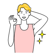 ボディケアの効果でキラキラしている綺麗な脇の下を見せている笑顔の可愛い男性 OK イラスト シンプル ベクター