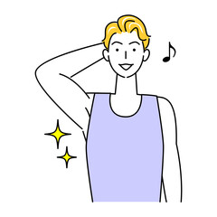 Obraz premium ボディケアの効果でキラキラしている綺麗な脇の下を見せている笑顔の可愛い男性 OK イラスト シンプル ベクター