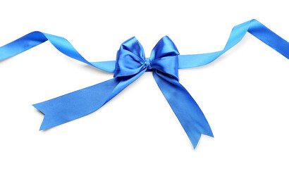 Blue ribbon with bow on white background