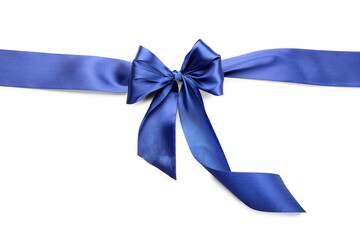 Blue ribbon with bow on white background