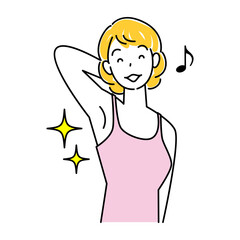 ボディケアの効果でキラキラしている綺麗な脇の下を見せている笑顔の女性 OK イラスト シンプル ベクター