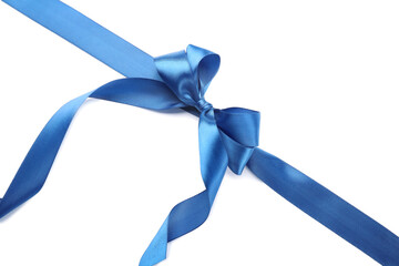 Blue ribbon with bow on white background