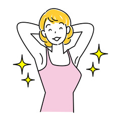 ボディケアの効果でキラキラしている綺麗な脇の下を見せている笑顔の女性 OK イラスト シンプル ベクター