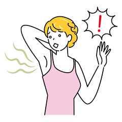 不快な脇の下の臭い(わきが)を気にする可愛い女性 イラスト シンプル ベクター