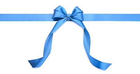 Blue ribbon with bow on white background