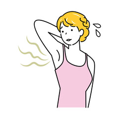 不快な脇の下の臭い(わきが)を気にする可愛い女性 イラスト シンプル ベクター
