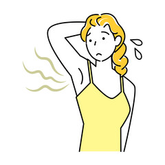 不快な脇の下の臭い(わきが)を気にする可愛い女性 イラスト シンプル ベクター