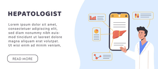 Hepatology Web banner. Consulting Doctor Online on mobile phone. An app explaining Liver Human Organ. Researcher studying liver tissue on internet. Medical Scientist. Flat Vector Illustration.