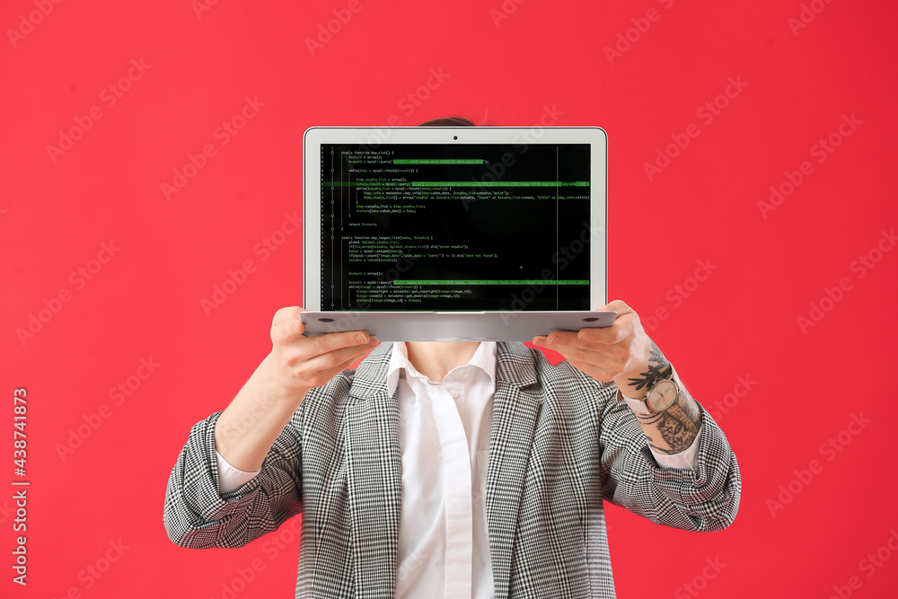 Aufkleber female programmer with laptop on color background