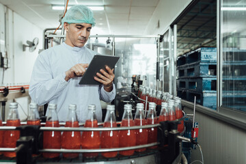Male factory worker using digital tablet at drinks production factory.  concept inspecting production