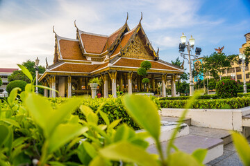 Buddhist temple in Bangkok city sunset sky travel sightseeinng concept