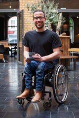 Obraz premium man in wheelchair with a cup of coffee in restaurant
