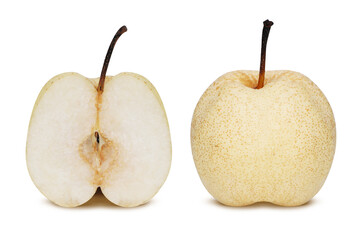 Fresh snow white pear fruit one and a half isolated on the white background with clipping path. Full depth of field.