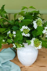 Beautiful bouquet of fresh white flowers in a porcelain ceramic vase. Summer house terrace. Green background, wooden table, copy space for text