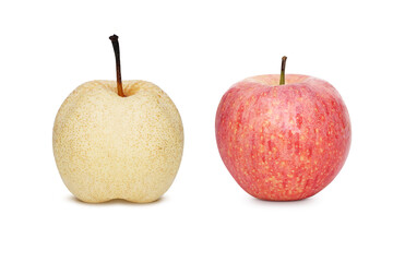 Ripe apples red and pears snow white fruit for a healthy feed. Isolate on a white background close-up of the reflection.