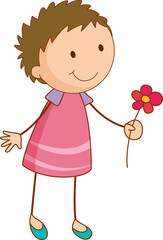 A doodle kid holding flower cartoon character isolated