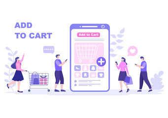 Add To Cart Vector Illustration That Contain List Products, Pictures of Cart and Shopping Items. Landing Page Template