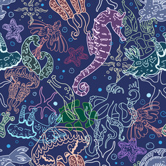 Sea animals seamless pattern. Seahorse, medusa, fish, starfish, octopus, and other unusual monsters in linear style.