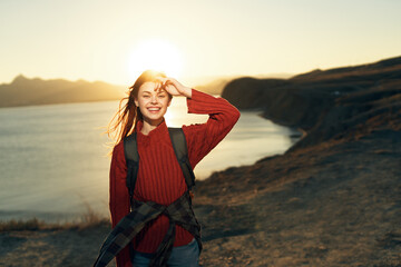 cheerful woman hiker outdoors nature freedom travel