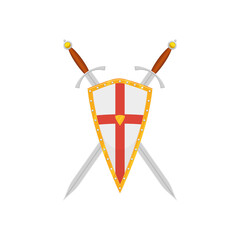 Medieval weapons concept. A beautiful metal knight shield with two crossed knight swords positioned behind the shield. shield and sword heraldic badge. Vector illustrationon white background.